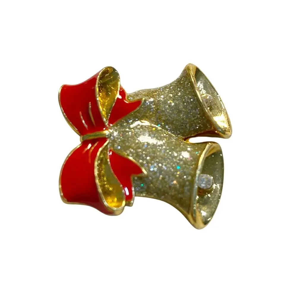 Vintage Avon Christmas Bell Brooch Goldtone Red Enamel & Rhinestones Festive Pin